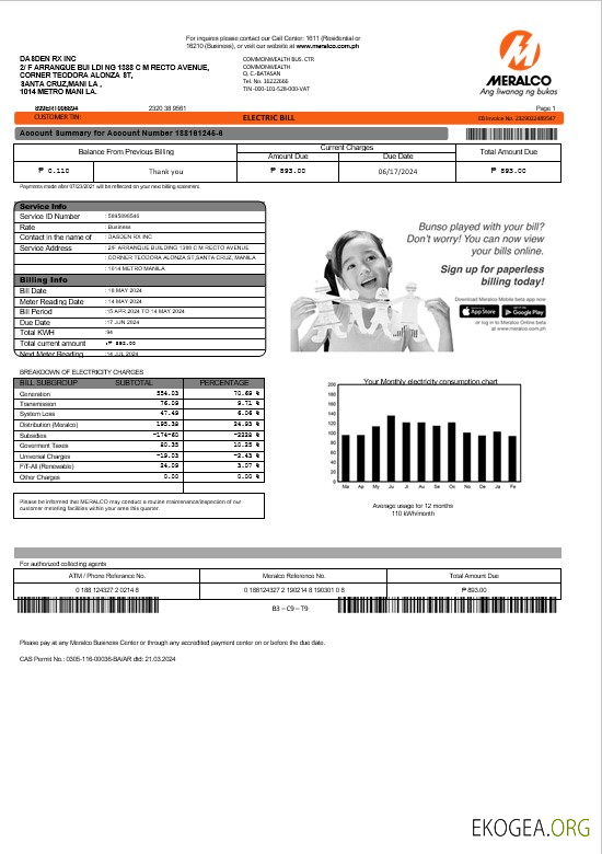 Modèle de facture de services publics d'électricité des Philippines Meralco aux formats Word et PDF template